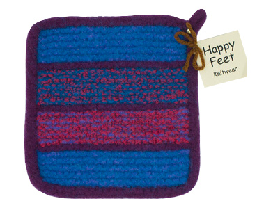 Hand-knitted oven mitt in blue, purple and pink with a maroon border.