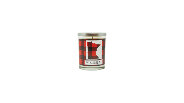 Red Plaid candle with MN logo.