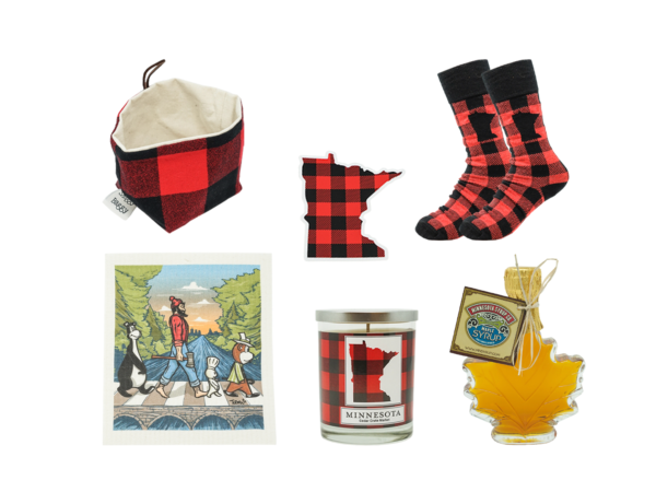 Red plaid socks, red plaid Minnesota sticker, red plaid canvas bag, image of man in red plaid walking, red plaid candle, and maple leaf shaped bottle of syrup.