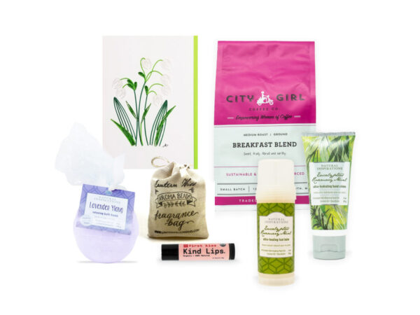 Collage of Lilly of the Valley Greeting Card, Lavender Bath Bomb, Warm Spice Aroma Beads, Lip Balm, Coffee Breakfast Blend, Foot Balm, and Hand Crème on white background