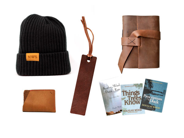 Collage of Captain’s Beanie, Leather Credit Card Sleeve, Leather Bookmark, The Traveler Leather Journal and three books by Douglas Wood: Breathe the Wind Drink the rain, Things Trees Know, and Prescriptions from the Dock