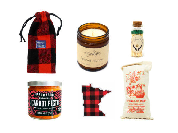 Collage of Plaid Wine Bag, vegan carrot pesto, spiced honey candle, MN plaid sticker, Eco Safety Matches, and Pumpkin Pie Pancake Mix on white background.
