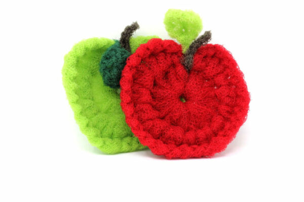 red and green apple scrubbies from All Sylvias Creations on white background