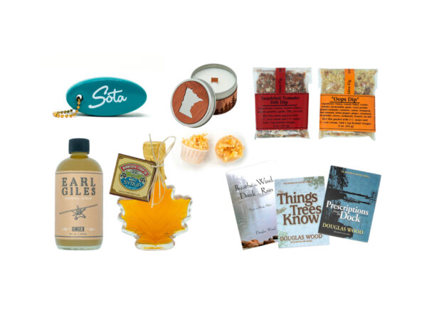 Collage of Sota floaty keychain, Earl Giles ginger cocktail syrup, MN candle, maple leaf maple syrup, Fire starter, sun-dried tomato dill dip, oops dip, and three books by Douglas Wood: Breathe the Wind Drink the rain, Things Trees Know, and Prescriptions from the Dock on a white background..