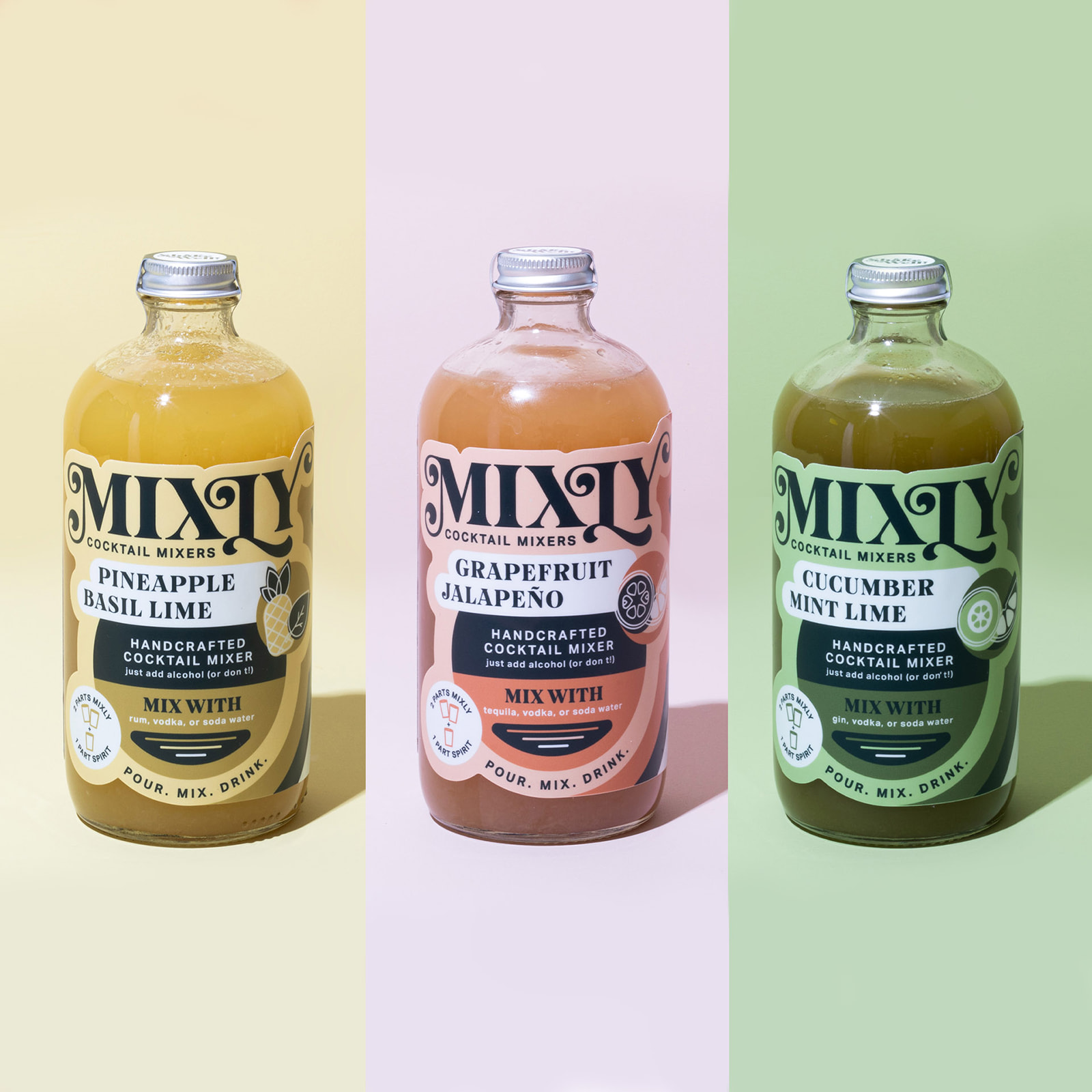 Mixly cocktail mixes of Pineapple Basil Lime, Grapefruit Jalapeno, and Cucumber Mint Lime.